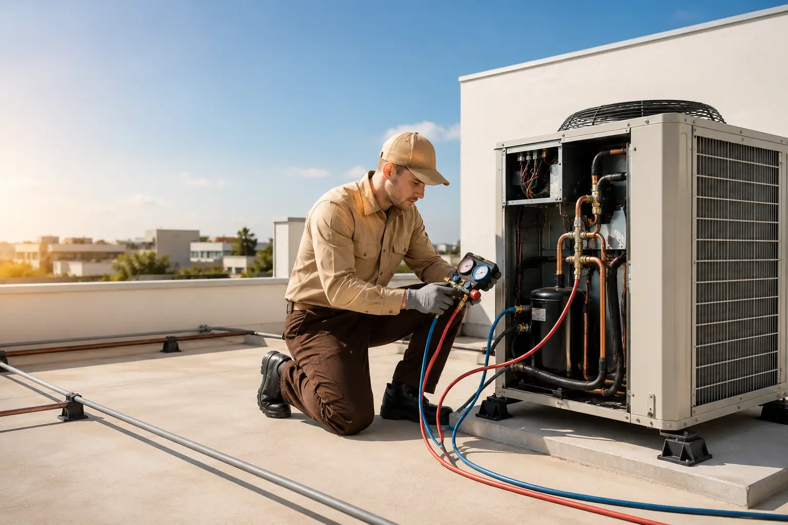 AC repair and installation technician servicing a cooling system in Richmond TX