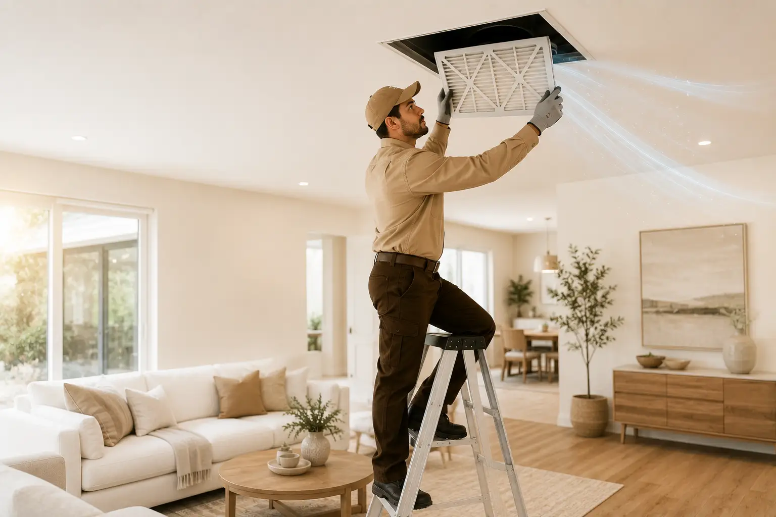 Air filter replacement technician servicing HVAC system in Richmond TX