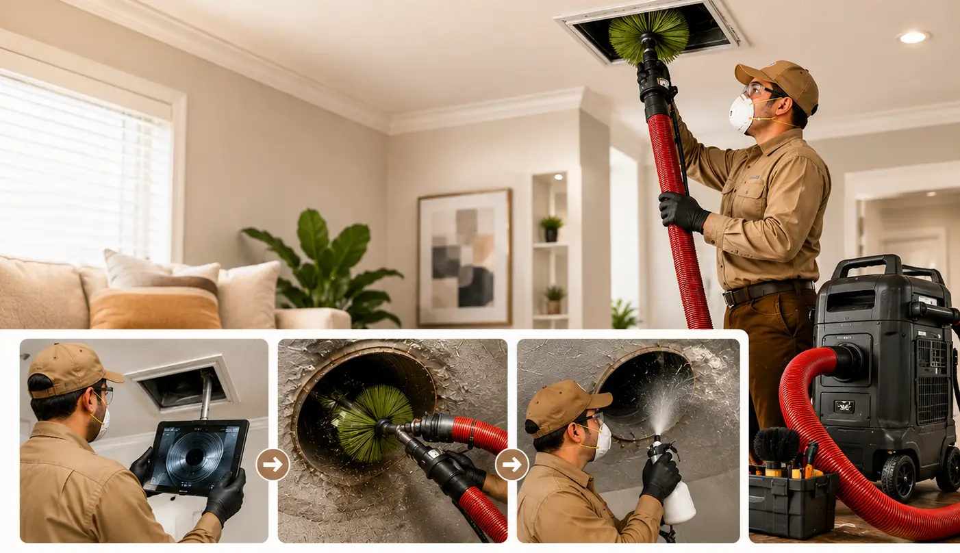 Professional air vent cleaning process removing dust and debris in Richmond TX