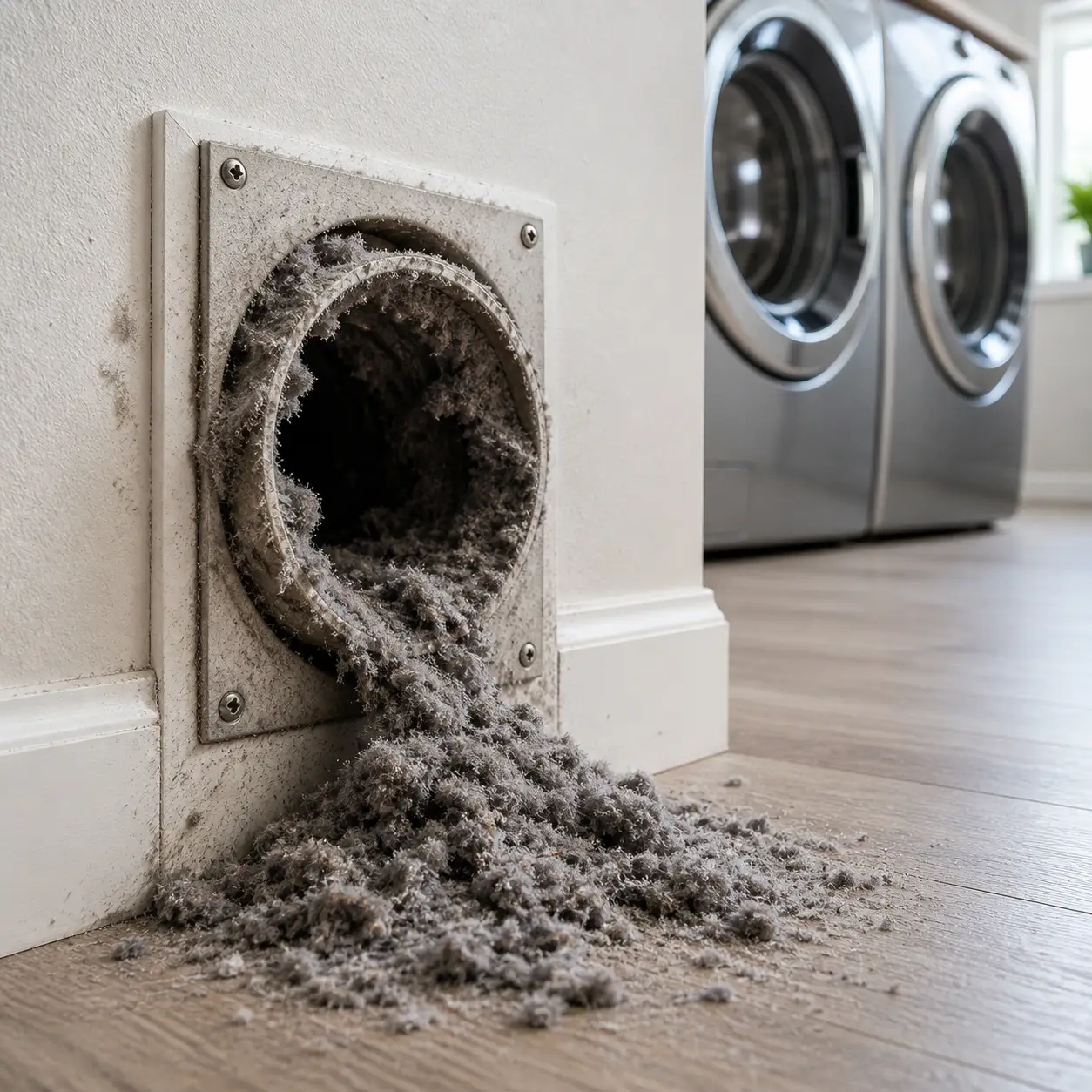 Clogged dryer vent with lint buildup before professional cleaning in Richmond TX