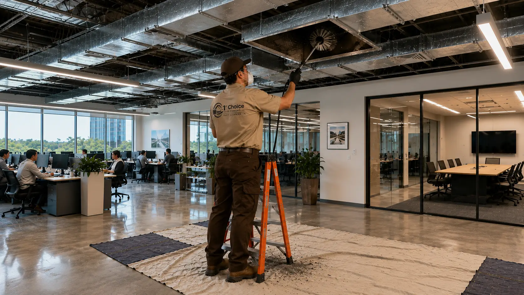 Commercial air duct cleaning technician servicing HVAC systems in Richmond TX