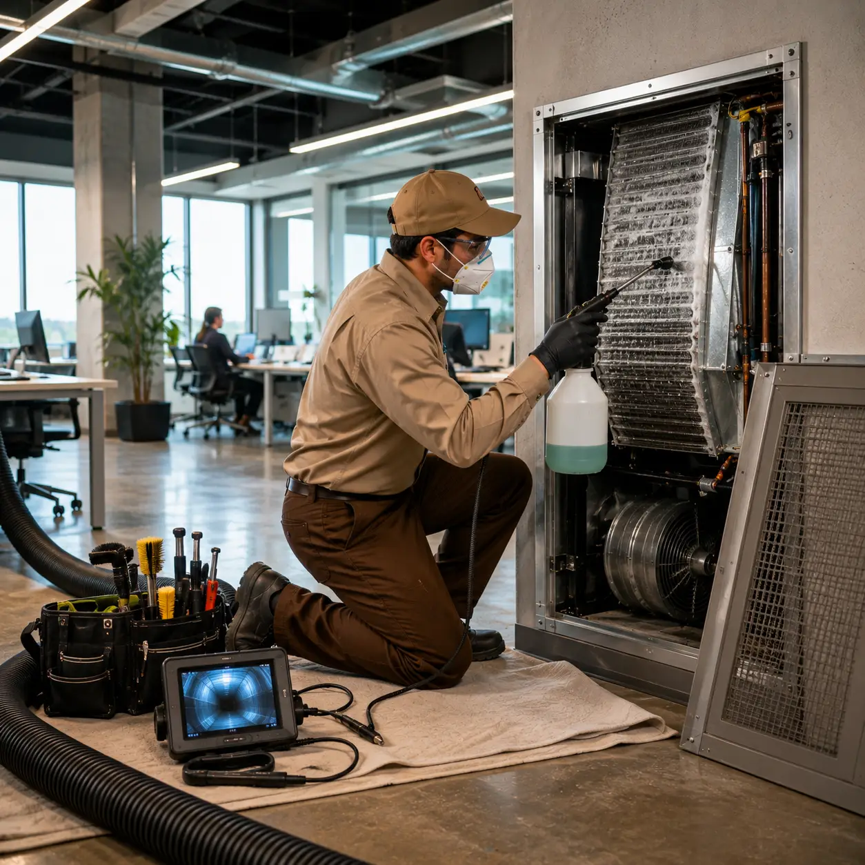 Commercial air duct cleaning process using HEPA negative pressure equipment in Richmond TX
