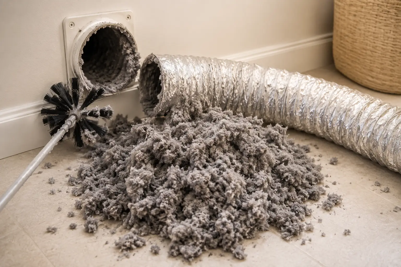 Technician cleaning clogged dryer vent to improve appliance efficiency in Richmond TX