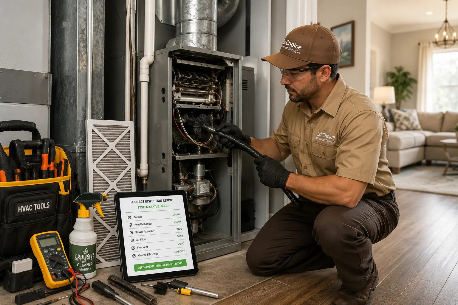 Professional furnace cleaning process for burners and heat exchanger in Richmond TX