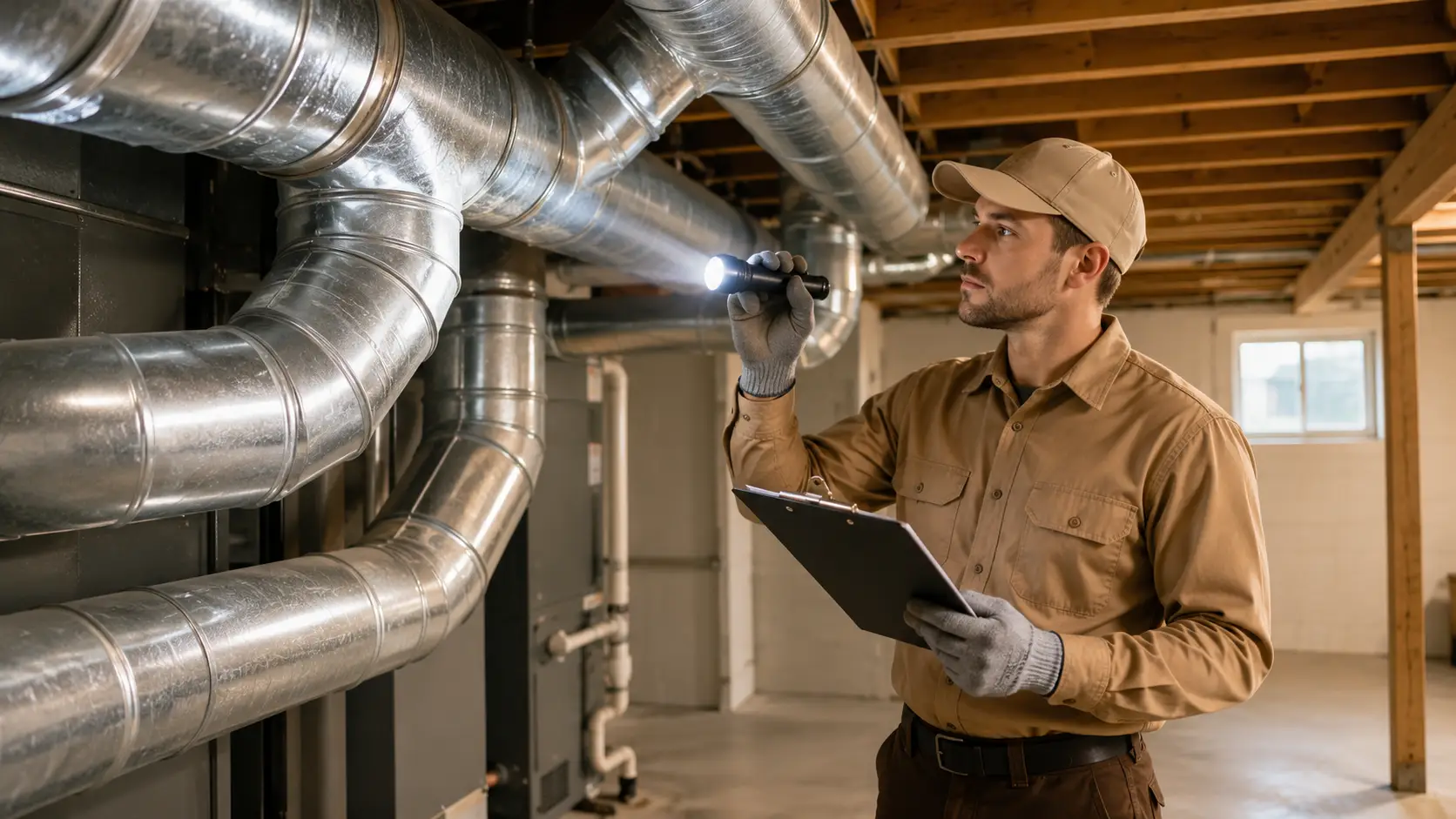 HVAC ductwork inspection during AC repair in Richmond TX